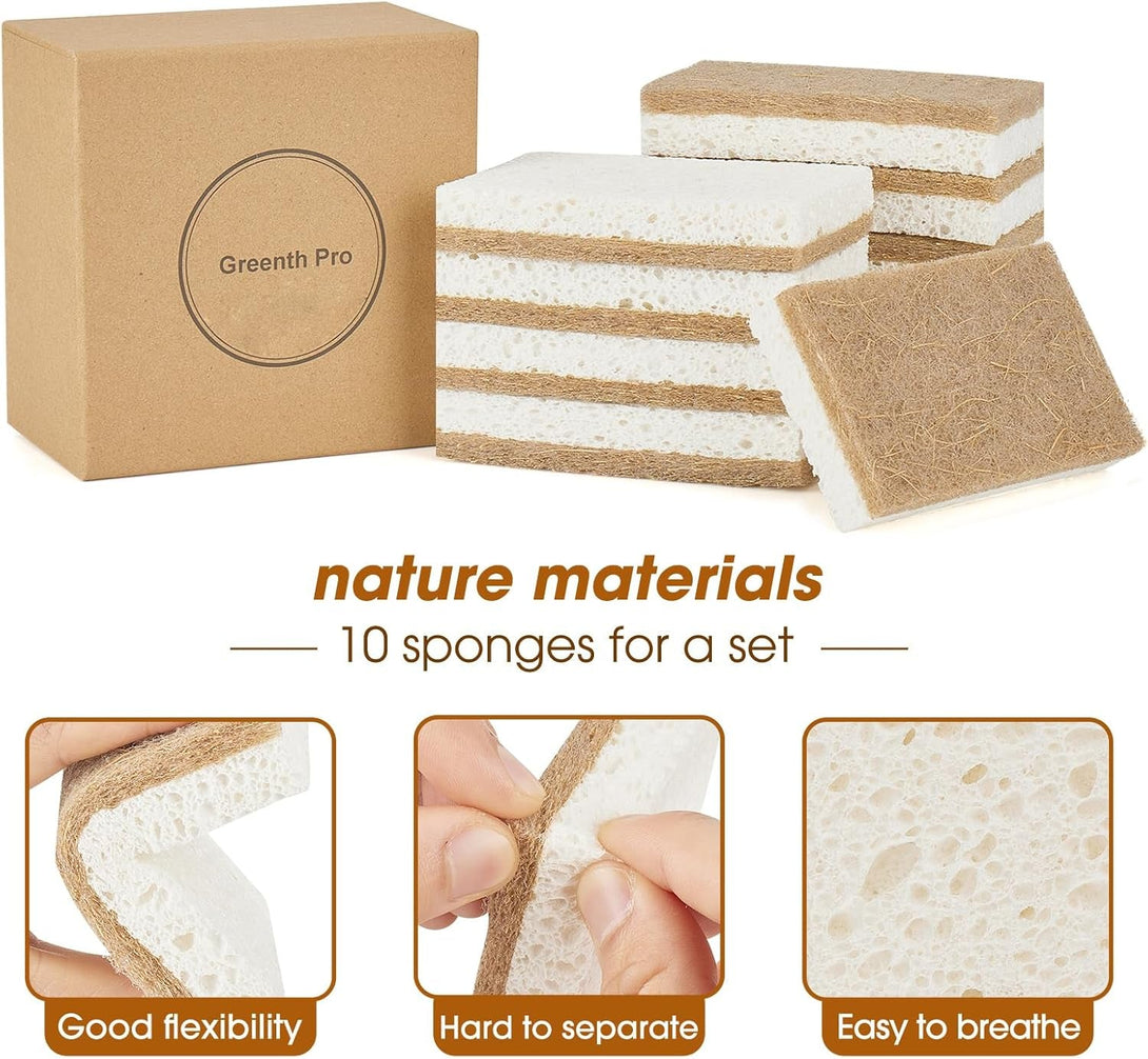 10 Pack Nature Dish Sponge - Natural Kitchen Sponge - Coconut Fiber and Wood Cellulose Scrubber Sponge