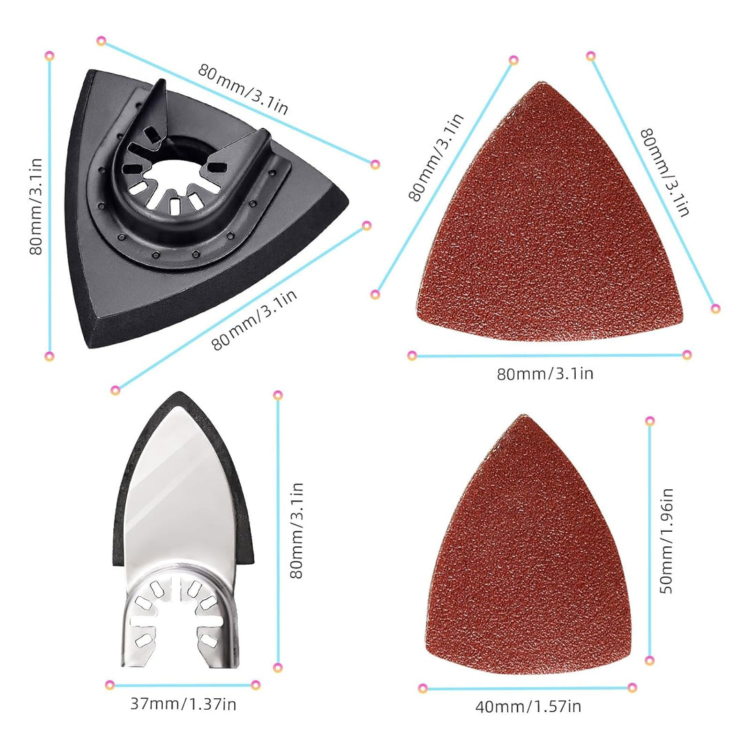 206Pcs Oscillating Tool Detail Sanding Pads Kit, 2Pcs Triangle Sanding Pads, 2Pcs Finger Sanding Pads, 2Pcs C-Clip Adapters, 200Pcs 40Mm 80Mm Multitool Sandingpaper for Wood Plaster Sanding