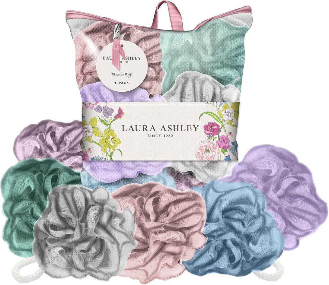 Laura Ashley 6 Pack Loofah for Women - Shower Poufs, Exfoliating & Cleansing Body Scrubbers for Shower with Washable Zip up Bag