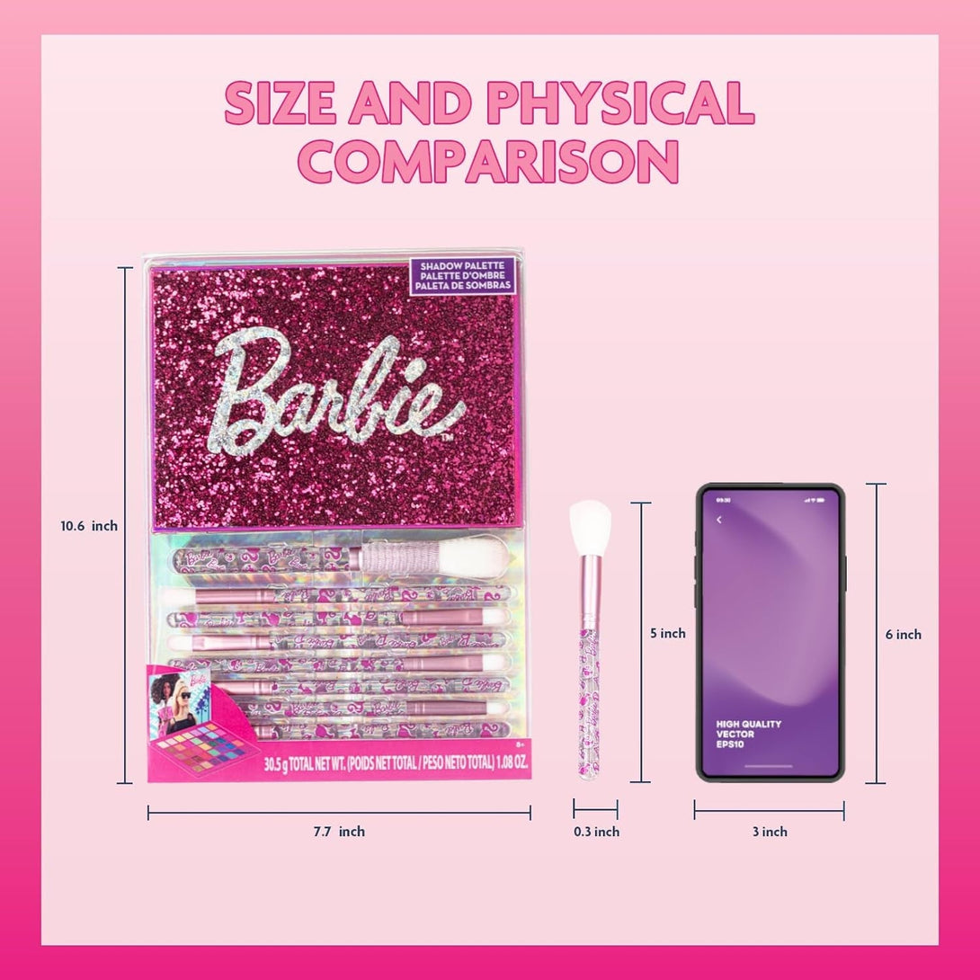 Barbie 35-Well Shadow Palette, Shimmery and Opaque Colors, Pigmented Blendable, 8 Application Brushes Ages 8+, Perfect for Parties, Sleepovers & Makeovers, by Townley Girl