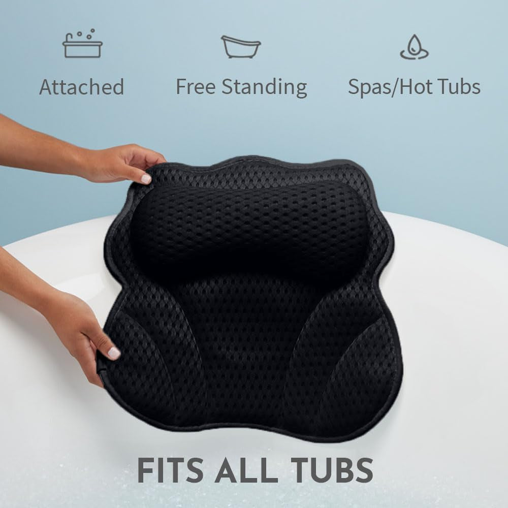 Wonderfoam Thick Padded Ergonomic Bath Pillow for Tub, Bathtub Headrest Neck and Back Support, Strong Suction Cups, Machine Washable Breathable Mesh Quick Dry Pillows, Luxury Spa Accessories, Black
