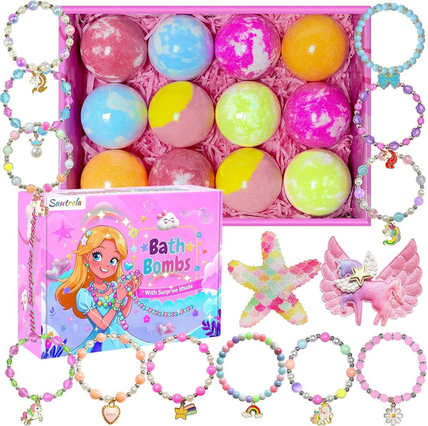 Bath Bombs for Kids Girls with Surprise Toys Inside, 12Pcs Handmade Fizzies Spa Bath Bomb with Jewelry Toys inside Gifts for Girls Birthday, Christmas, Bubble Dry Skin Moisturize Bath Ball