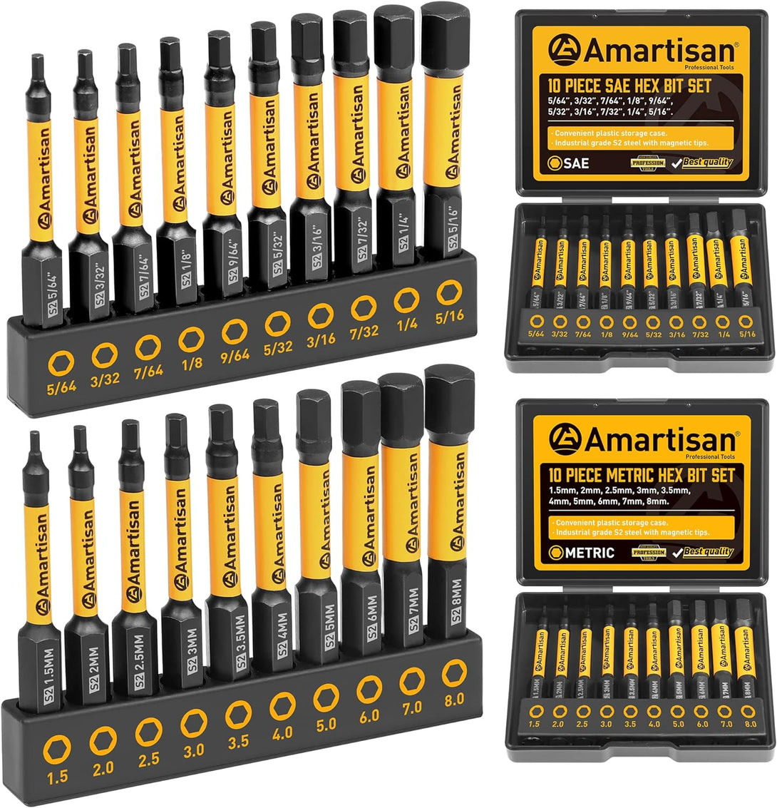 Amartisan 20-Piece Hex Head Allen Wrench Drill Bit Set, Metric and SAE S2 Steel Hex Bits Set, Magnetic Tips, 2.3" Long with Storage Box. (20-Piece Hex Bit Set - New)