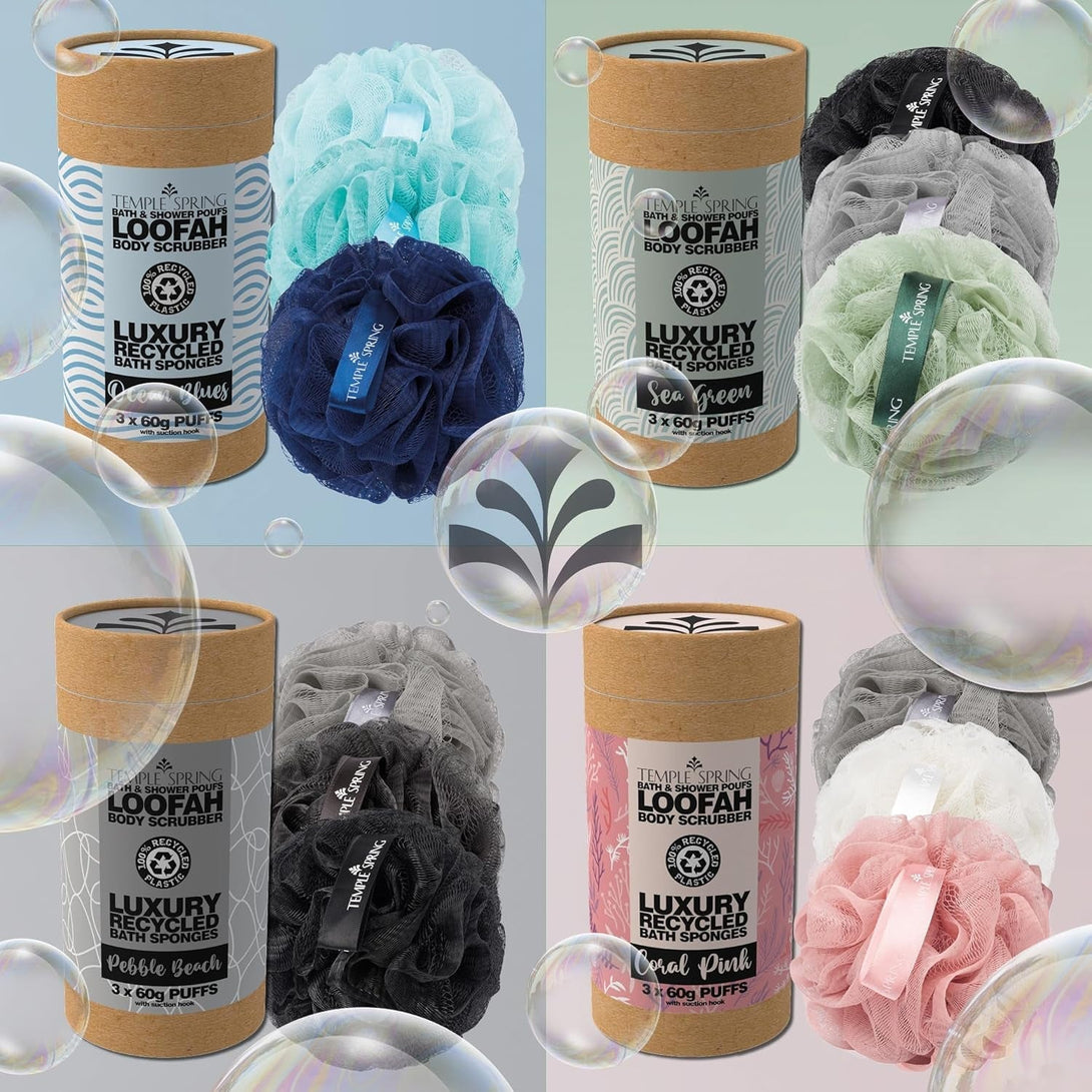 Temple Spring Recycled Luffa Sponges, Bathroom Shower Accessories, Loofa Bath Sponge, Exfoliating Body Scrubber Exfoliator Pouf, Shower Scrubber Puff, Poof, Loofah for Women, Loofah for Men-Coral Pink