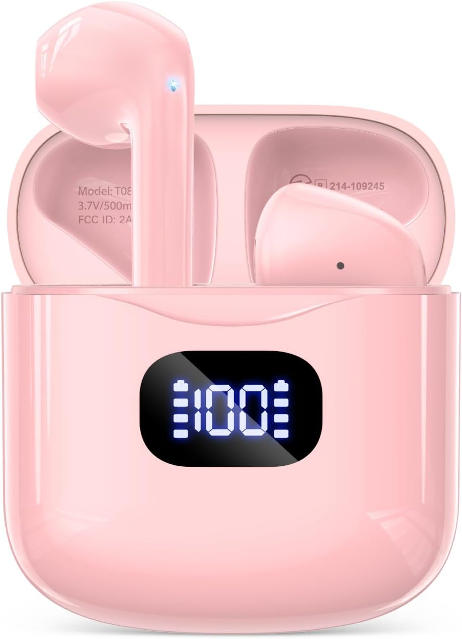 Wireless Earbuds Bluetooth 5.3 Headphones, 40Hrs Playback Stereo Ear Buds with LED Display Charging Case IPX7 Waterproof In-Ear Earphones with Mic for Phone Tablet Laptop Sports, Pink