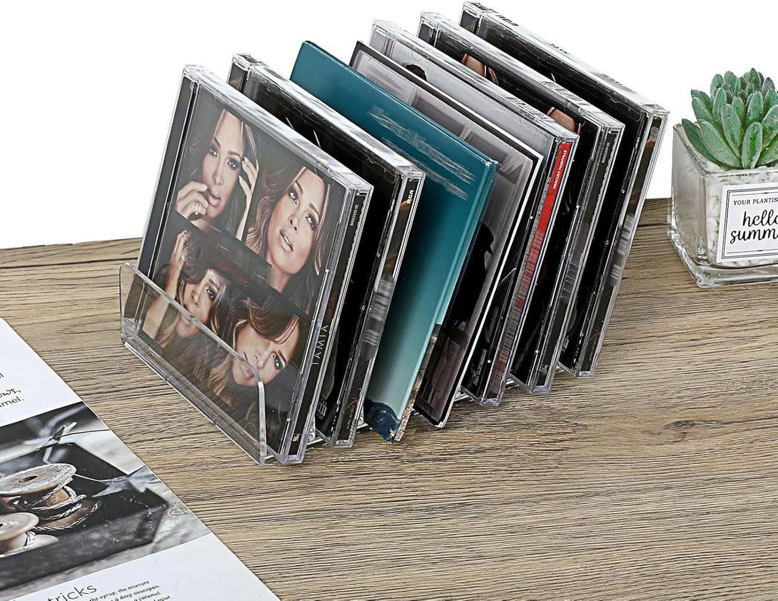 Hipiwe Clear CD Holder - 7 Slot CD Storage Box CD DVD Display Rack Tray Holds up to 14 Standard CD Cases, Tabletop Plastic File Divider for Paper Mail Bill Eyeshadow Palette Organizer, 2-Pack