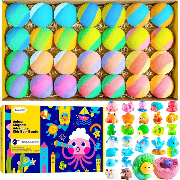 Bath Bombs for Kids with Surprise inside â€“ 28 Fun Fizzy Bath Bombs with Land & Sea Animal Toys, Kid-Friendly & Non-Toxic, Handmade Birthday Party Favors & Summer Gifts for Girls and Boys
