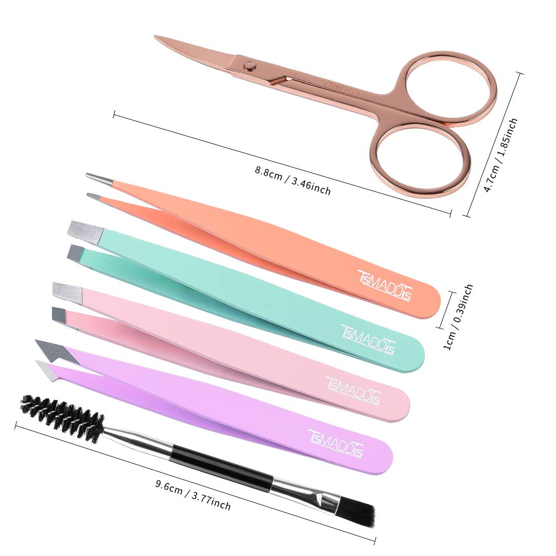 Tsmaddts Eyebrow Tweezer Set, 6 Pcs Tweezers Set for Women, Precision Tweezer for Eyebrows with Curved Scissors for Ingrown Hair, Hair Plucking Daily Beauty Tools with Leather Travel Case