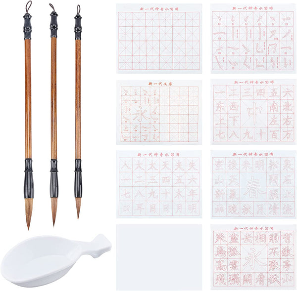 PH Pandahall 12Pcs No Ink Chinese Calligraphy Set, 8 Styles Gridded Brush Water Writing Cloth Paper, 3Pcs Sienna Chinese Traditional Calligraphy Brushes and Water Dish for Chinese Couplets 17X13”