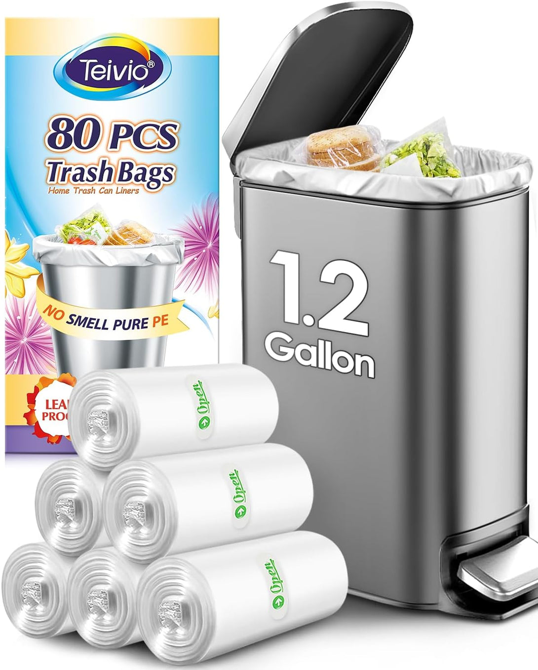 1.2 Gallon 80 Counts Strong Trash Bags Garbage Bags, Bathroom Trash Can Bin Liners, Small Plastic Bags for Home Office Kitchen, Fit 5-6 Liter, 0.8-1.6 and 1-1.5 Gal, Clear