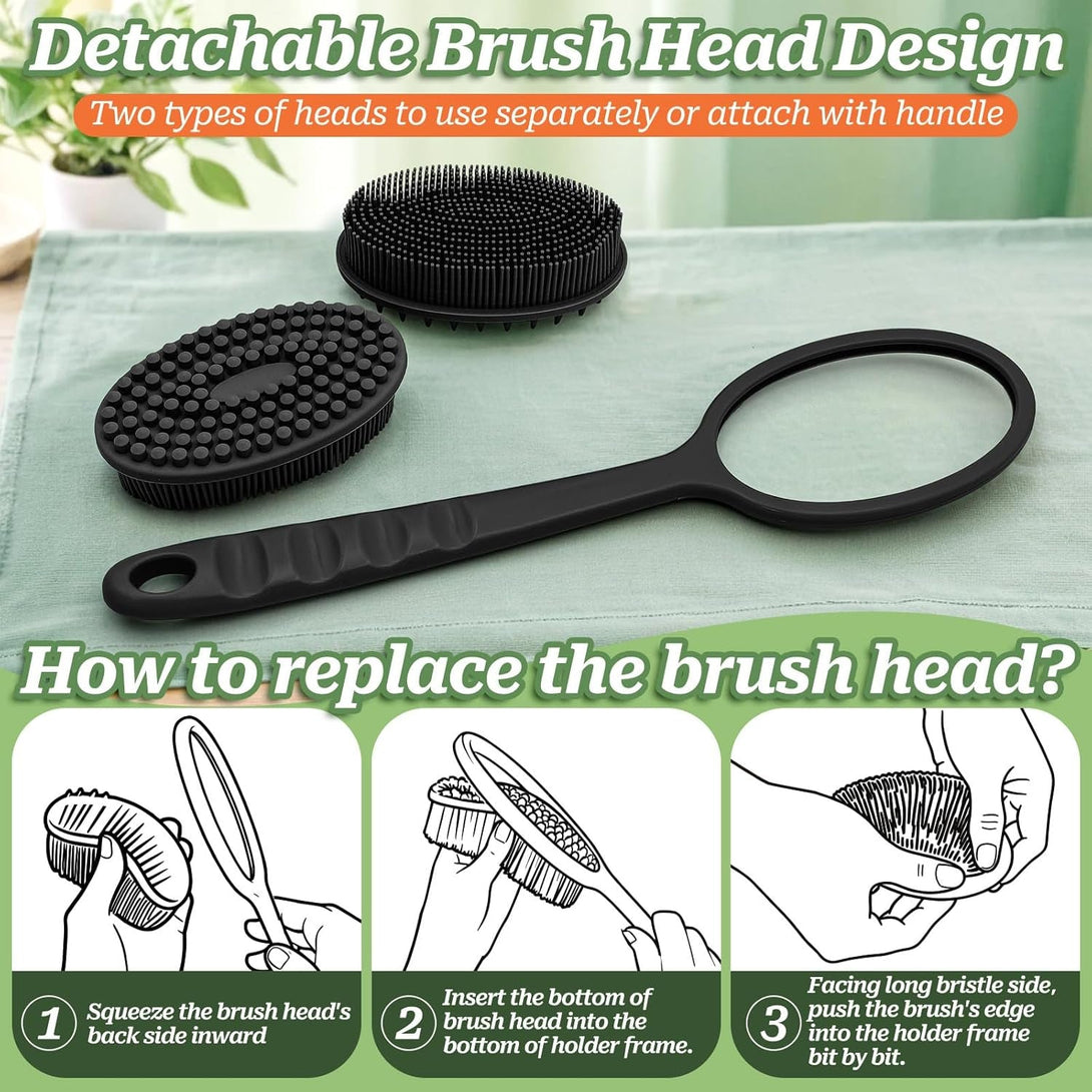 Silicone Back Scrubber, Soft Silicone Loofah with Handle, Gentle Exfoliating Back Scrubber, Back Brush Bath Brush with Two Dual-Side & Detachable Brush Heads(Black-Two Heads)