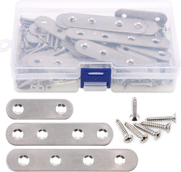 Glarks 35-Pieces 2 Inch/ 3 Inch/ 4 Inch Stainless Steel Flat Straight Brace Brackets Mending Joining Plates Repair Fixing Bracket Connector and 80Pcs Screws Set, Total 115Pcs, Silver