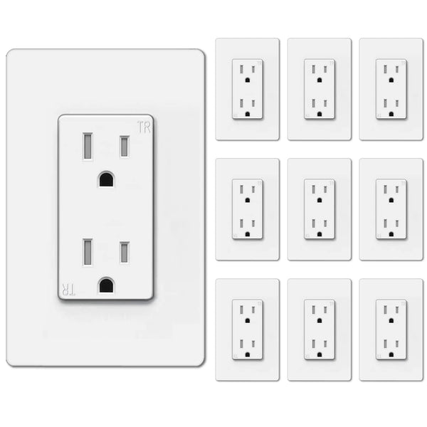 BESTTEN 15 Amp Decor Receptacle Outlet with TR (Tamper Resistant), 15A Decorator Electrical Wall Outlet, Screwless Wallplate Included, for Commercial and Residential Use, UL Listed, 10 Pack, White