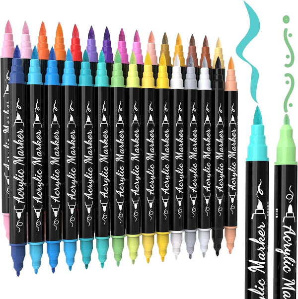 30 Colors Acrylic Paint Markers, Waterproof Dual Tip Acrylic Paint Pens with Brush and Fine Tip, Markers Set for Paper, Rock, Wood, Canvas, Glass, Ceramic and DIY Crafts Making Art Supplies