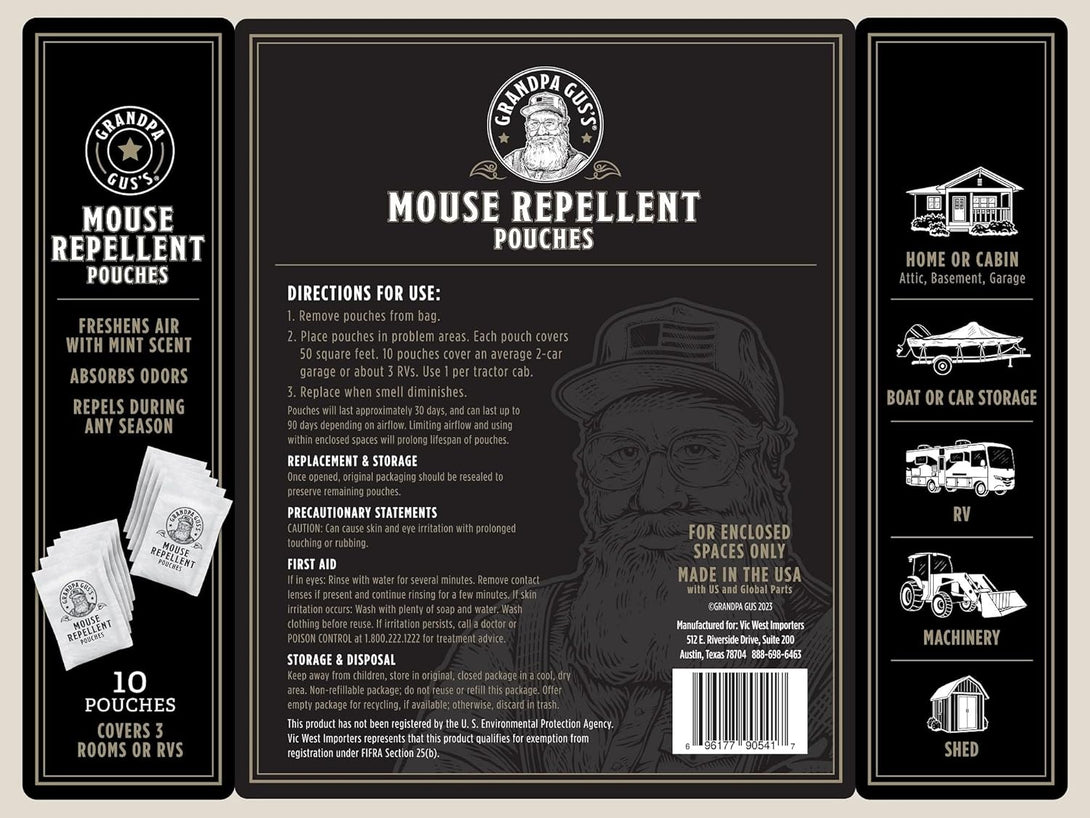 Grandpa Gus'S Extra-Strength Mouse Repellent Pouches, Cinnamon/Peppermint Oils Repel Mice from Nesting & Freshen Air in Car/Rv/Boat/Garage/Shed/Cabin, 1.75 Oz (Pack of 10)