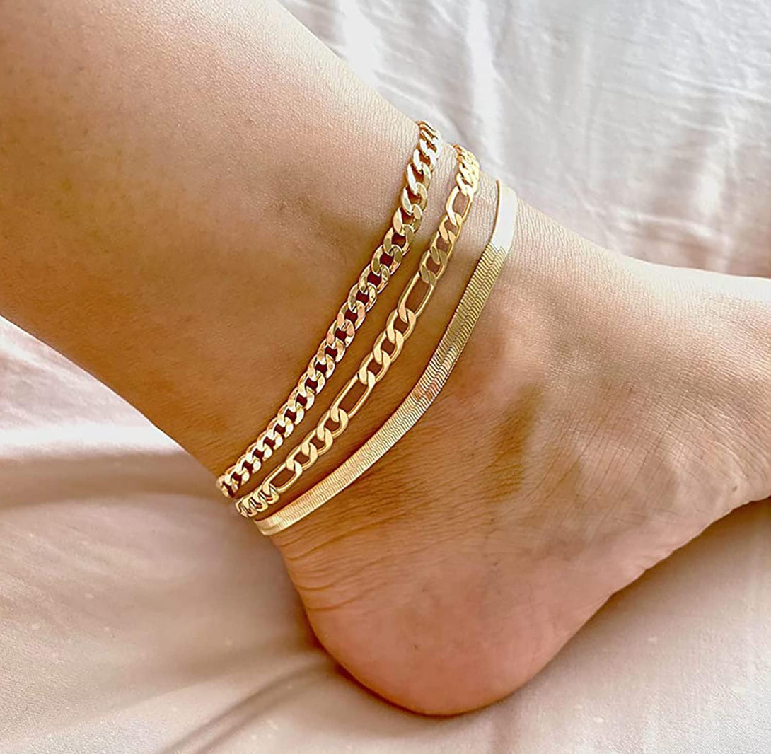 DEARMAY Gold Ankle Bracelets for Women, 14K Gold Anklets for Women Waterproof Cuban Link Anklets Set Layered Anklet Bracelets for Women Anklet for Women Gold Jewelry Gift