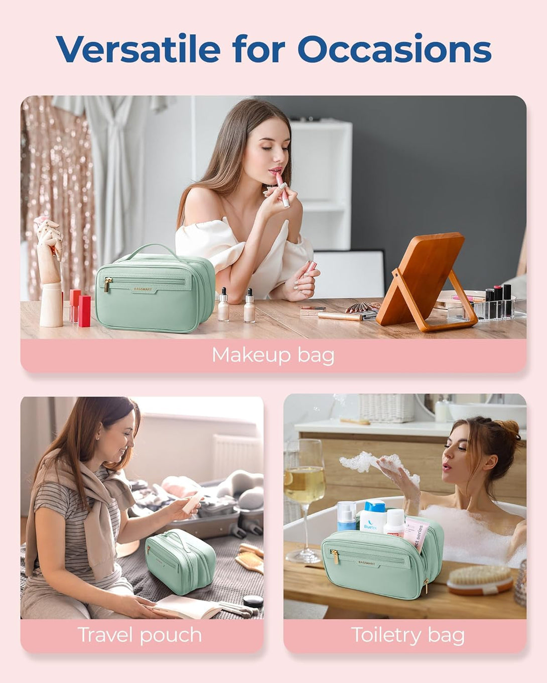 BAGSMART Travel Makeup Bag, Make up Bag with Multiple Compartments for Organizer, Durable & Compact Cosmetic Organizer for Women for Travel Accessories (Green)