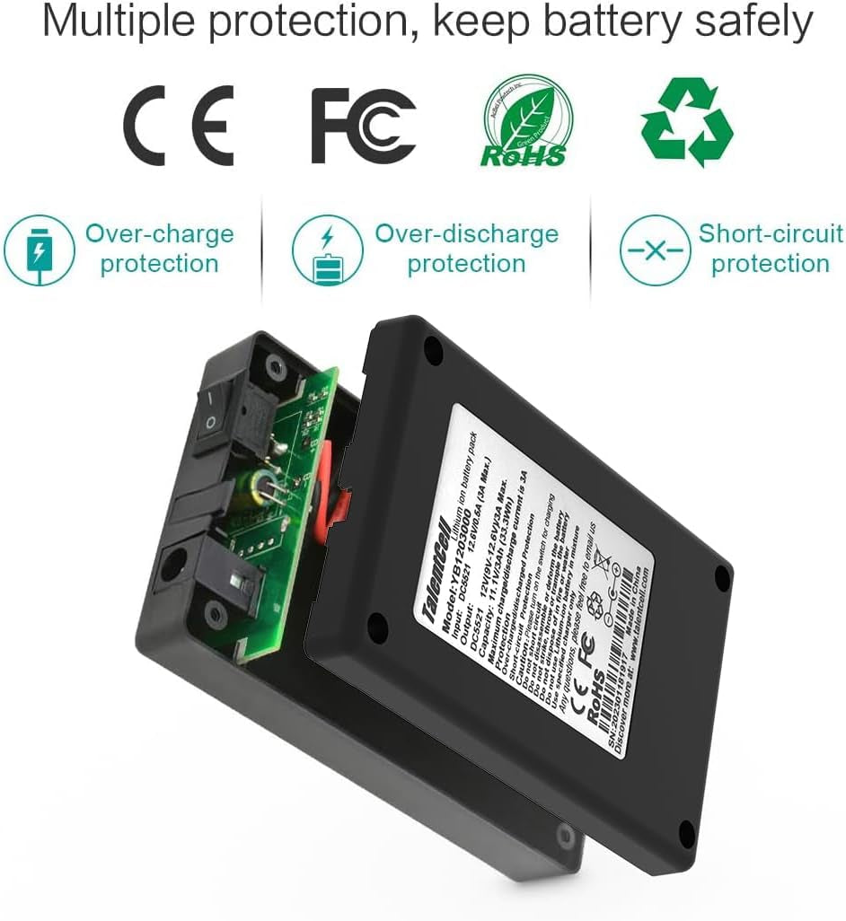 Talentcell Rechargeable 12V DC Output Lithium Ion Battery Pack for LED Strip/Light/Panel/Amplifier and CCTV Camera with Charger, Multi-Led Indicator Black (3000Mah)