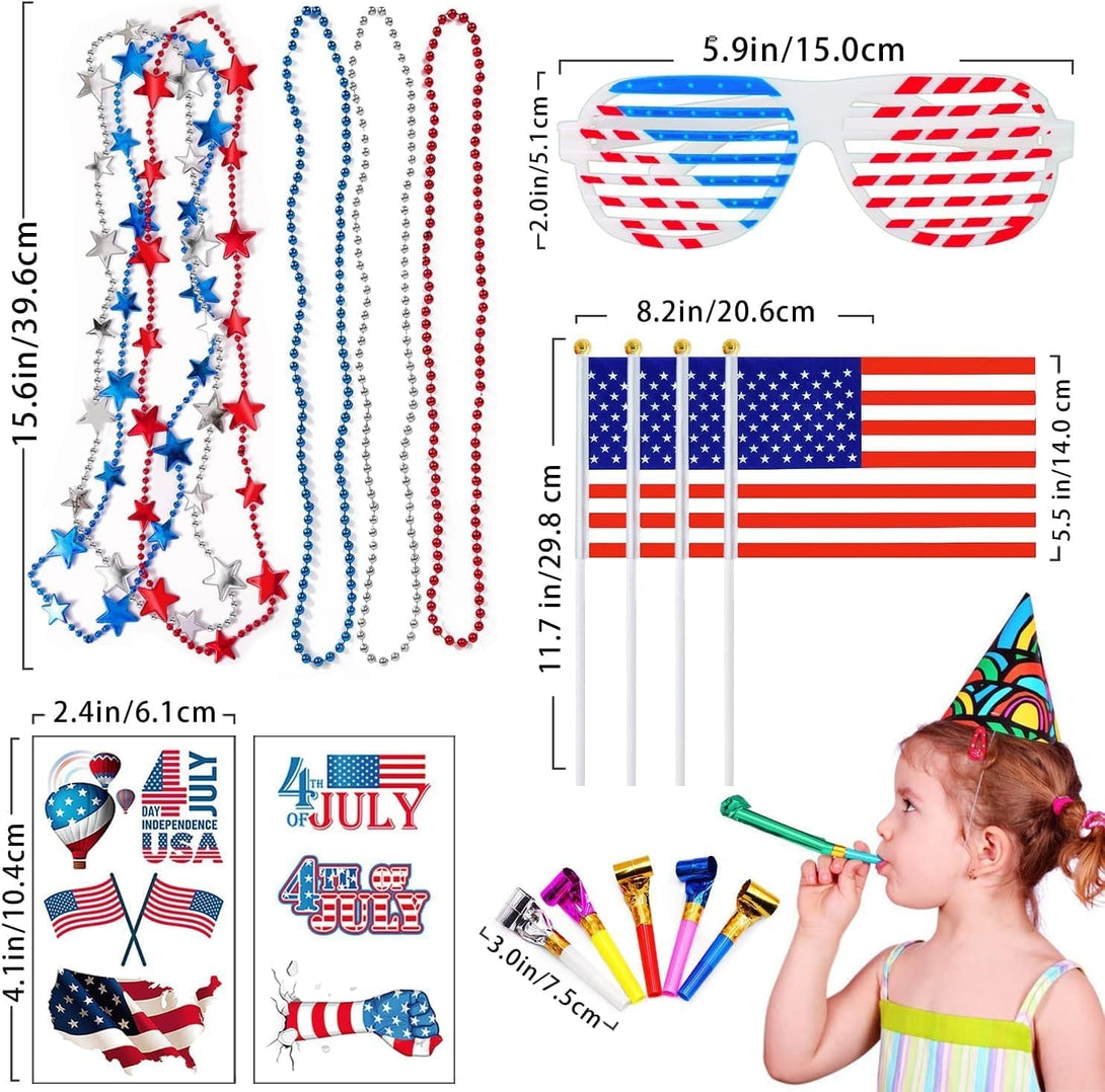 86Pcs 4Th of July Accessories Patriotic Party Favors Shutter Glasses Necklaces Handheld US Flags Blowouts Tattoos Memorial Day Decorations Veterans Party Supplies