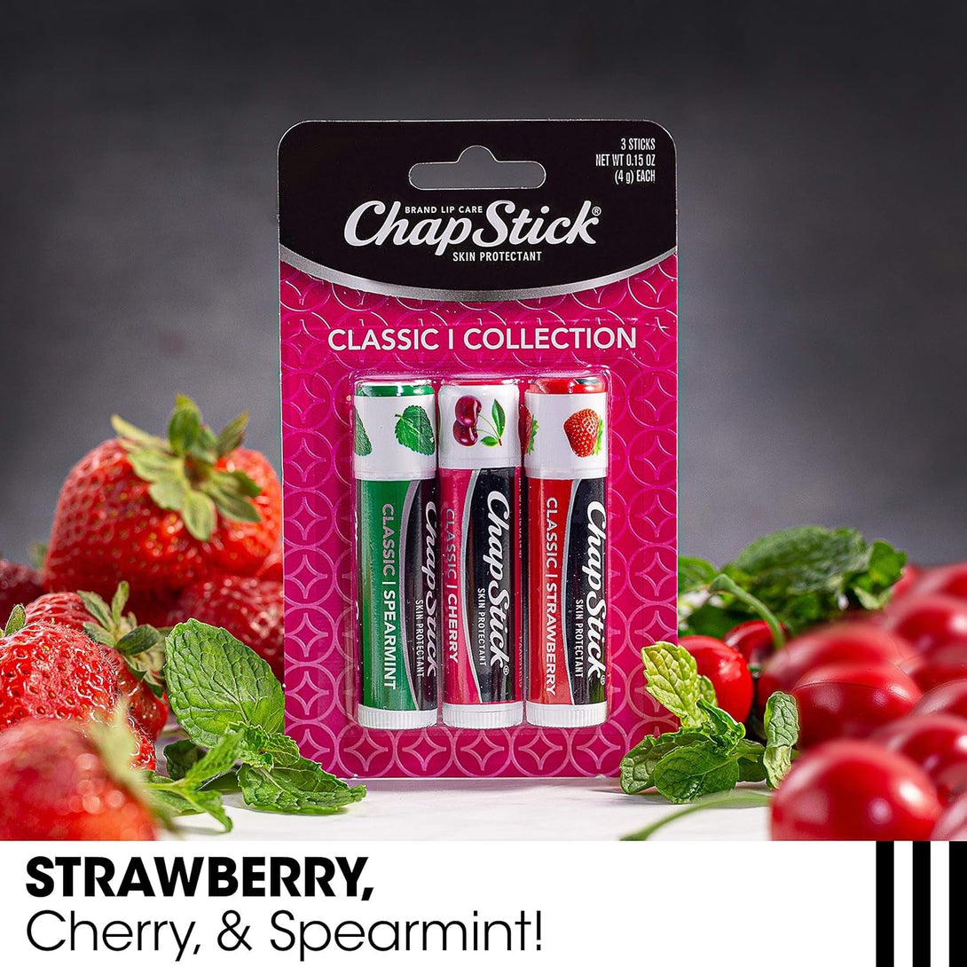 Chapstick Lip Care Set, Classic Collection 3-Pack – Spearmint, Cherry, and Strawberry Lip Balm, 0.15 Oz Ea