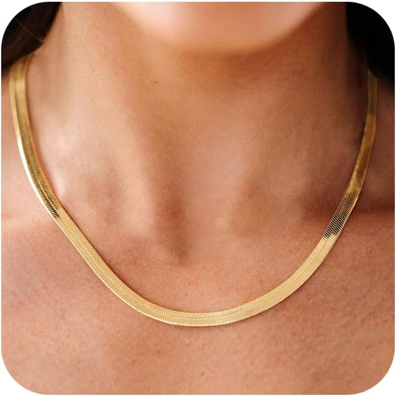 CHESKY Gold Necklace for Women-14K Plated Sterling Silver Snake Chain Necklace Dainty Simple Chunky Herringbone Necklace Gold Choker Necklaces Jewelry for Women