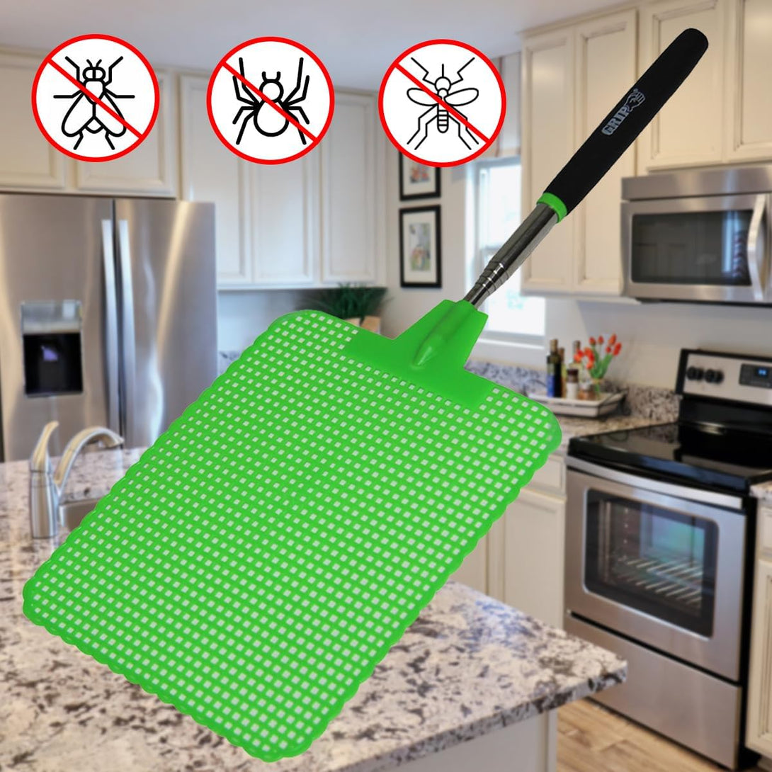 Grip Super Jumbo Telescopic Fly Swatter - 6.5" X 7.5" - Extends to 39" L - Bugs, Flies, Mosquitoes, Bees, Wasps