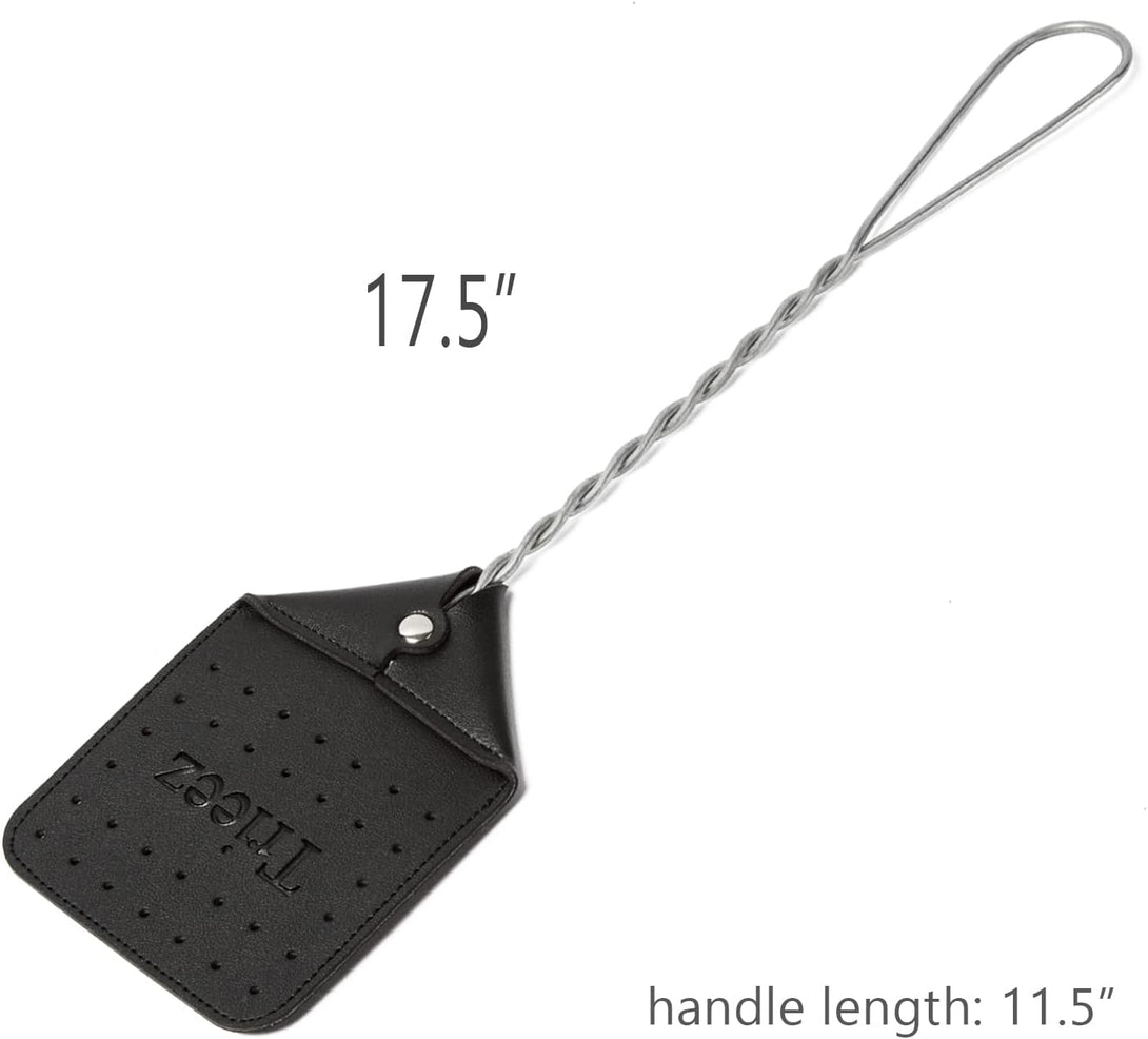 Trieez 17.5" Sturdy Leather Fly Swatter - Heavy Duty Flyswatter with Durable Metal Handle, Rustic Bug Swatter for Flies, Bees, and Mosquitoes - Black