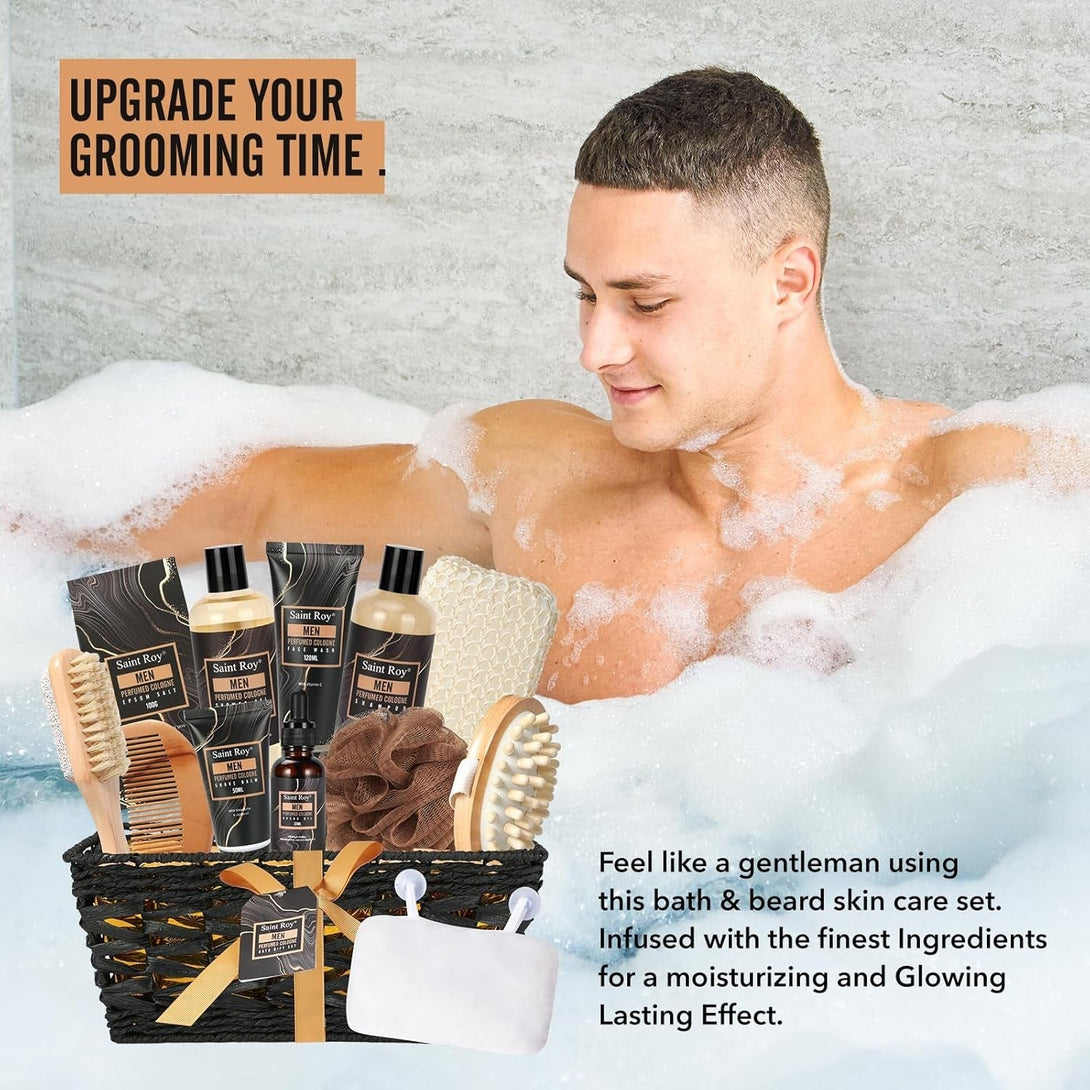 Valentines Day Gifts for Him Fathers Day Bath Perfume Gift Set for Men, 14 Pcs Spa Basket with Classic Perfume Kit, Personal Self Care Shaving Kit Relax Included Scubber, Beard Oil, Bath Pillow More