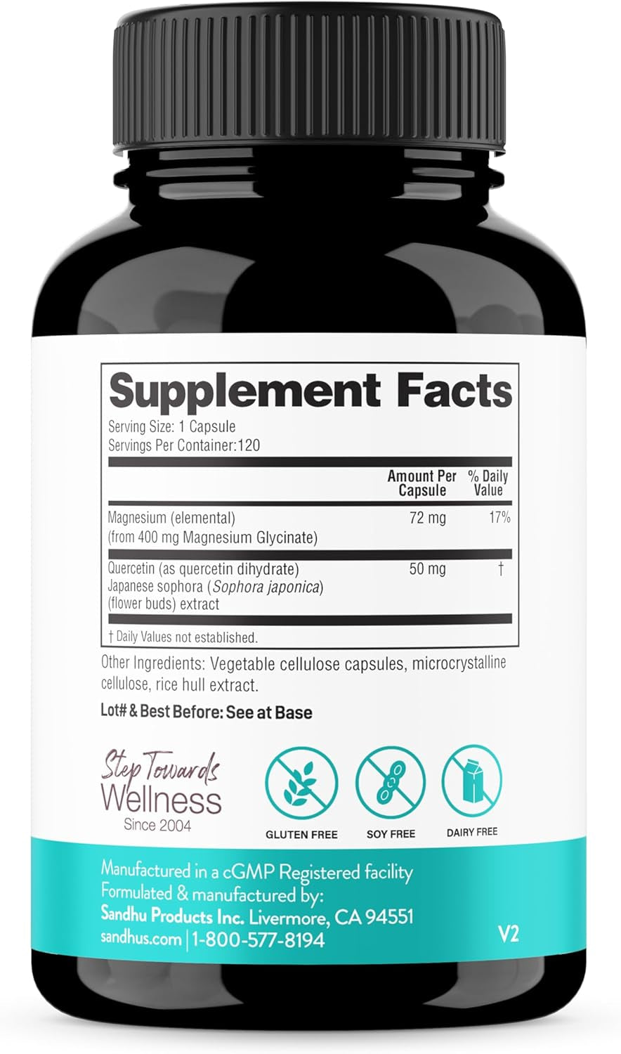 Sandhu'S Quercetin with Magnesium Glycinate Capsules for Men & Women | Supports Immune Health, Quality Sleep & Relaxation | 120 Count (Pack of 1)