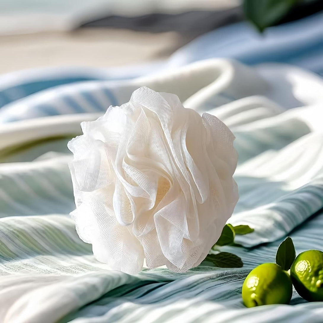 Loofah-Bath Sponge Set-Large, 4 Pack Bath Scrubbers, Soft Mesh White Puff-Cleansing Body Scrub for Men and Women: Skin Soothing Exfoliation Tools (Elegant White-60G)