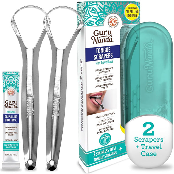 Gurunanda Tongue Scraper for Adults (2 Pack) with Travel Case, 420 Medical-Grade 100% Stainless Steel Tongue Cleaner, Aids in Fresh Breath & Oral Care