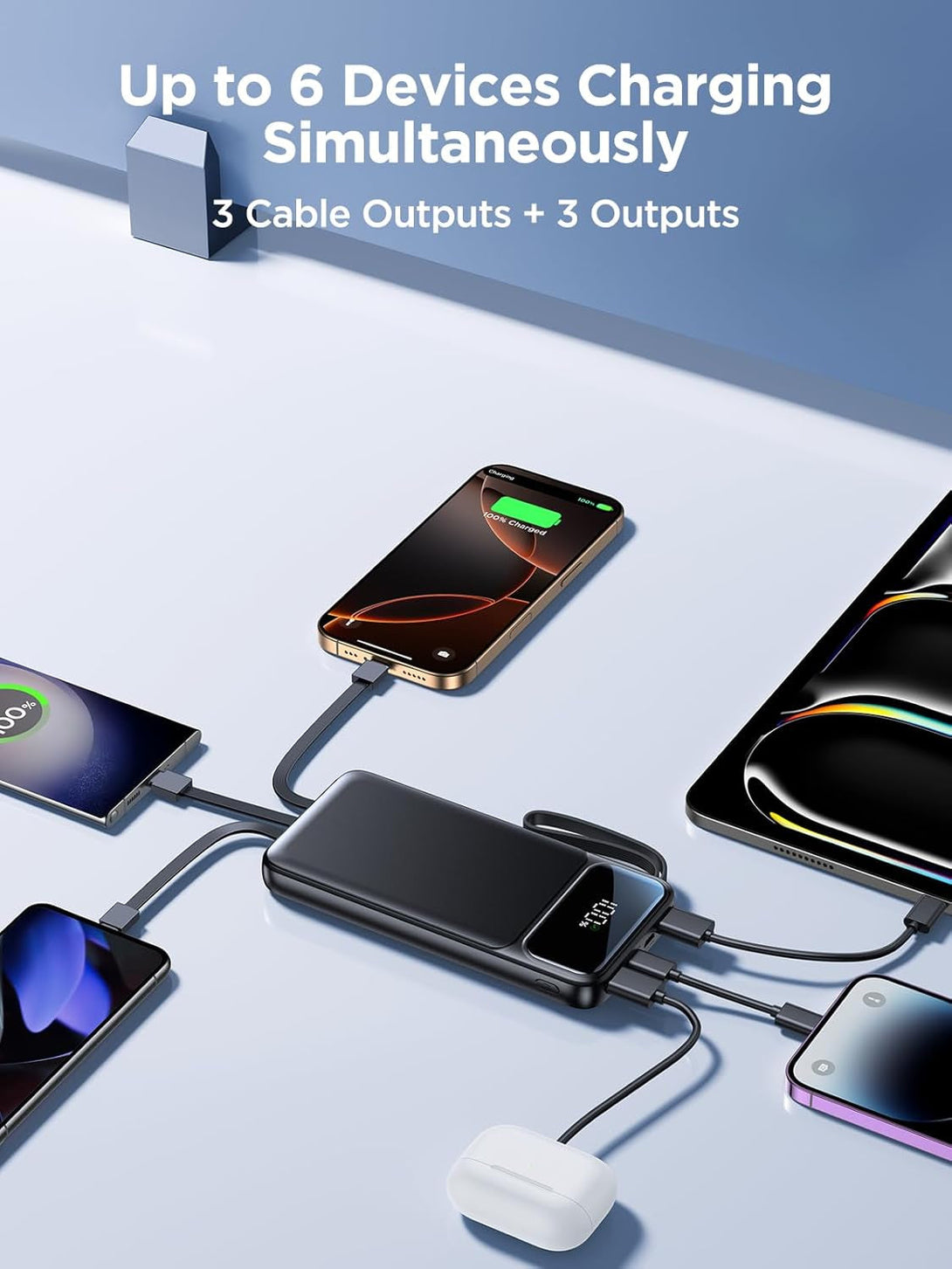 Aioneus Power Bank, Portable Charger with Built in Cable 22.5W Fast Charging Battery Pack 10000Mah Slim 6 Outputs 3 Inputs LED Display Phone Charger for Iphone Samsung Pixel Moto Ipad Travel Essential