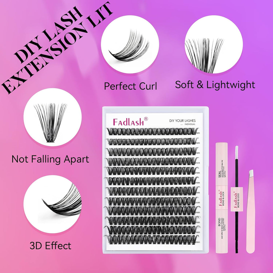 FADLASH DIY Lash Extension Kit Individual Lashes Cluster D Curl Eyelash Extension Kit with Lash Bond and Seal and Lash Applicator Tool for Self Application at Home (40D-0.07D-12-18MIX KIT)