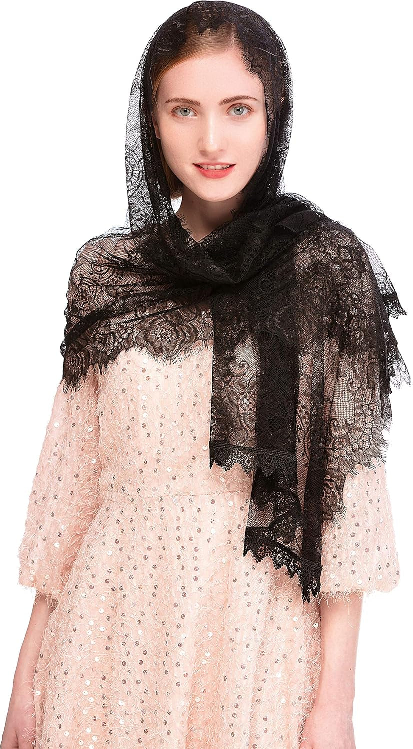 PAMOR Chapel Veil Spanish Lace Floral Mantilla Veils Wrap Shawl Mass Head Covering Rectangular Shape