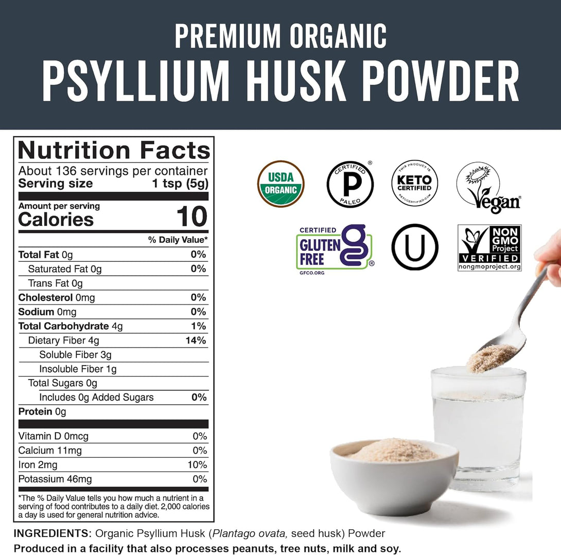 Viva Naturals Organic Psyllium Husk Powder, 24 Oz - Finely Ground, Unflavored Plant Based Superfood - Good Source of Fiber for Gluten-Free Baking, Juices & Smoothies - Certified Vegan, Keto and Paleo