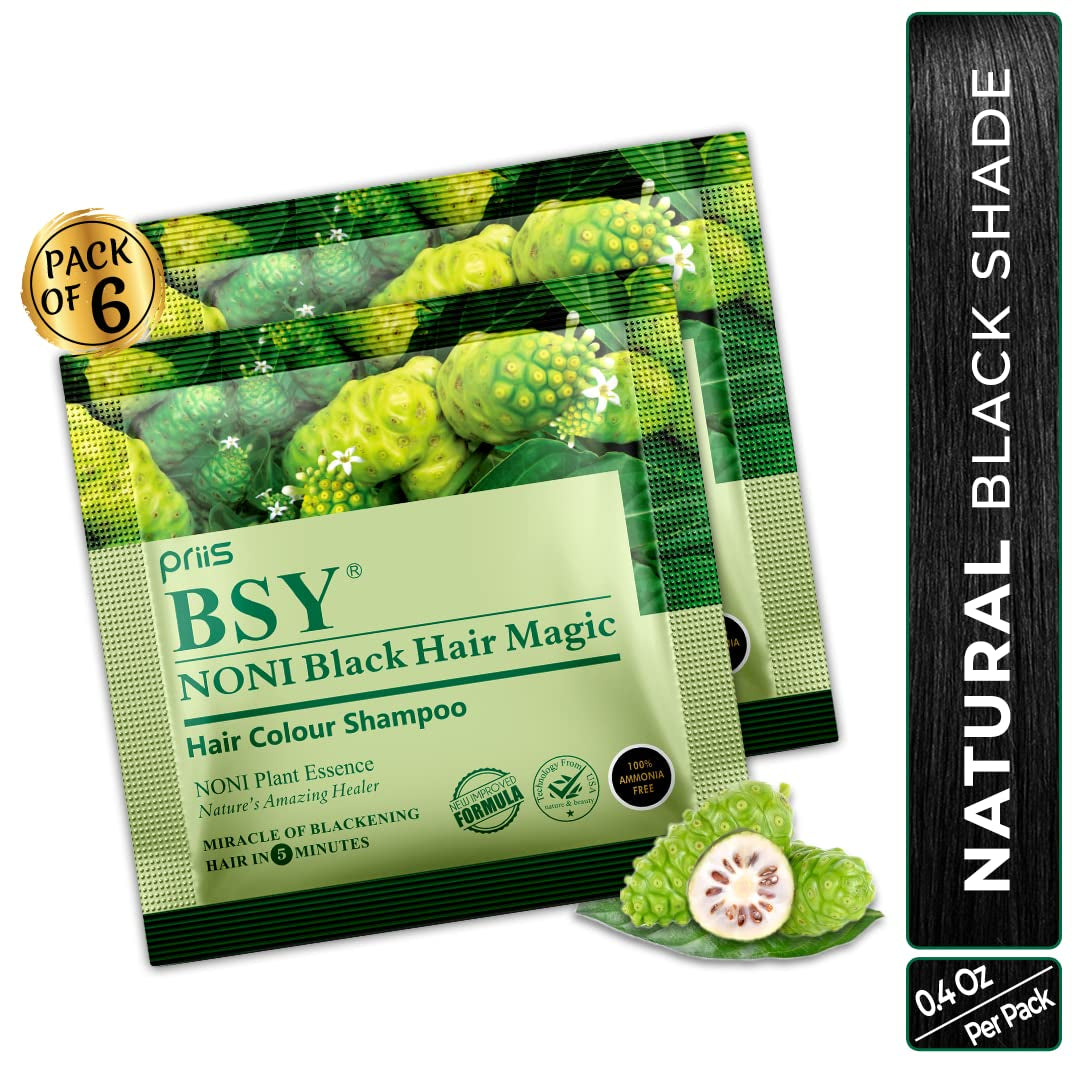 BSY Noni Black Hair Magic Hair Color Shampoo (12Ml X 6 Sachets) | Ammonia-Free Natural Permanent Hair Color for Men and Women | 5 Minutes Noni Fruit Dye