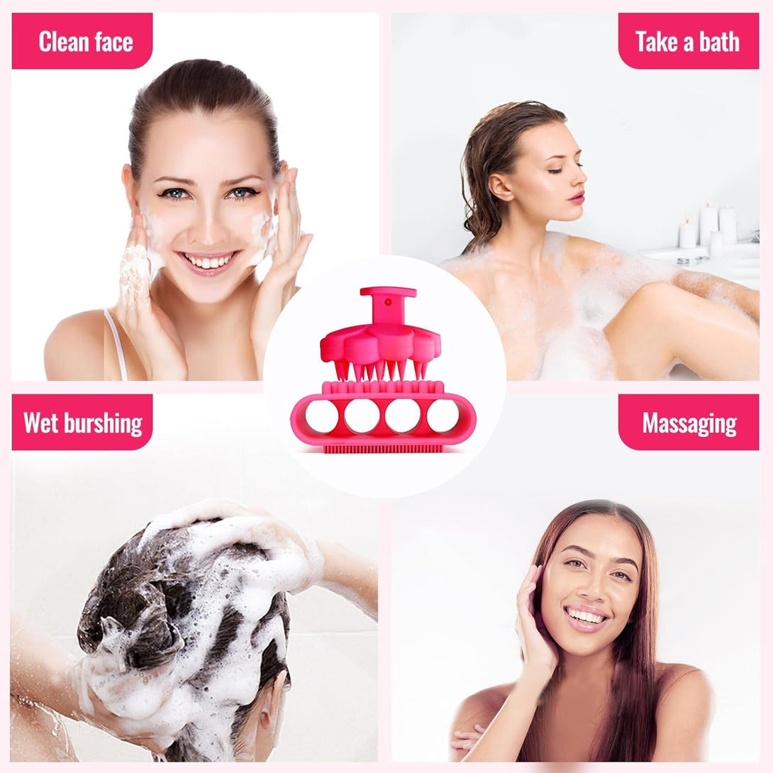 Silicone Body Scrubber Set, Bath Shower Body Brush and Shampoo Brush Scalp Massager Exfoliator with Intensive Bristles and Comfort Handle, Cleanse Skin & Hair,Easy to Clean and Long-Lasting.Red