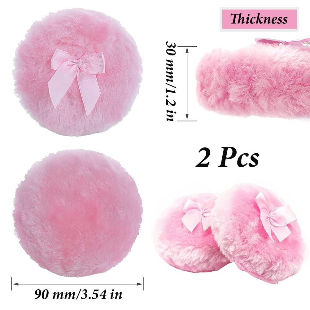 AKOAK 2 Pieces Large Fluffy Powder Puff, 4 "Super Soft Washable Reusable Fluffy Velvet Face Beauty Sponge, Ladies Only, with Bow, for Face and Body, Infants and Adults - Pink