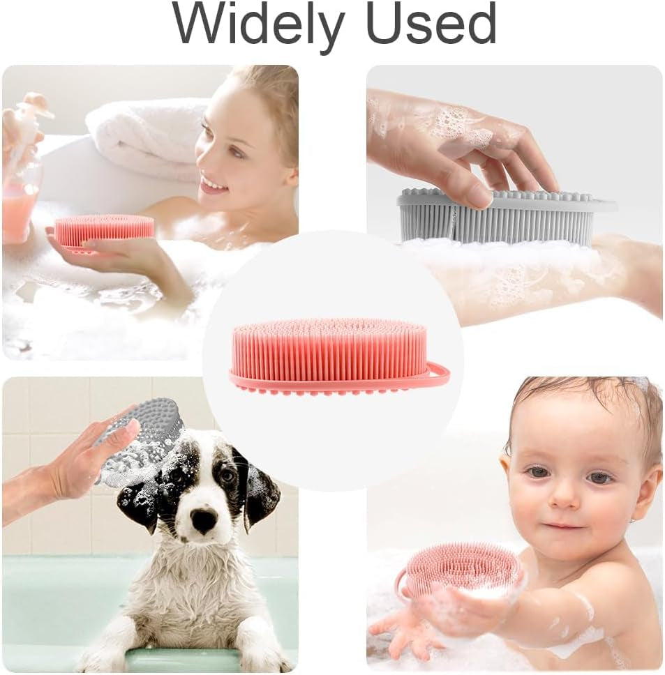 Silicone Body Scrubber, Exfoliating Silicone Loofah, Soft Silicone Body Shower, 2 in 1 Bath and Shampoo Brush, Body Scrubber Shower Cleaning for Sensitive Skin, Lather Well 2 PCS Grey and Pink