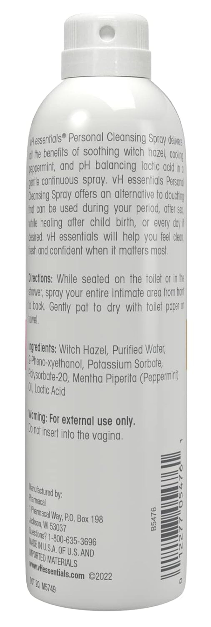 Vh Essentials Personal Cleansing Spray, Ph Balancing Lactic Acid, Sting-Free, Witch Hazel Formula, Fragrance Free, Paraben Free, Sprays Upside down for Easy External Intimate Cleansing, 4 Floz