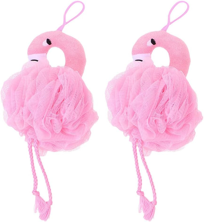 Mesh Bath Ball Sponges, 2Pcs Flamingo Bath Loofah Sponge Body Shower Scrubber Exfoliating Mesh Pouf Shower Ball Bath Sponges Loofah Towels for Women and Men Bathing Accessories