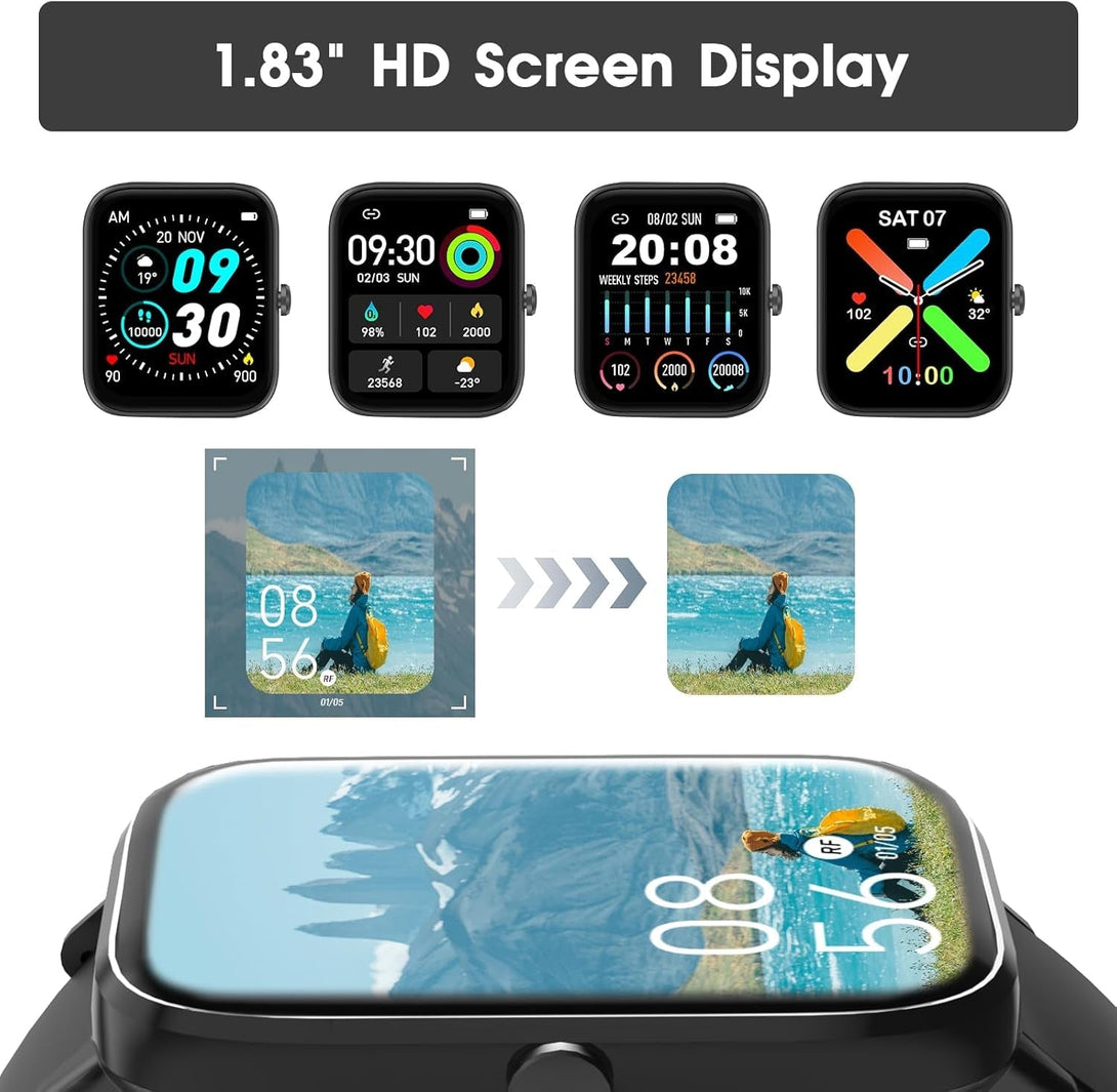 Smart Watch (Answer/Make Call): 1.85" Waterproof Fitness Trackers with 24-Hours Blood Pressure Heart Rate Spo2 Sleep Monitor Watches for Men Women, Iphone Android Compatible (Stone Black)