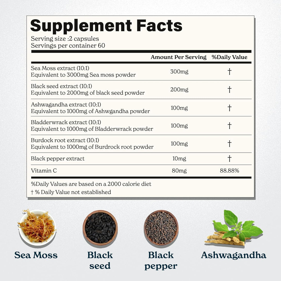 Sea Moss Capsules- Irish Sea Moss with Black Seed Oil, Ashwagandha & Black Pepper for Stamina, Strength & Endurance- High Potency Sea Moss Supplement - 60 Servings, 120 Capsules