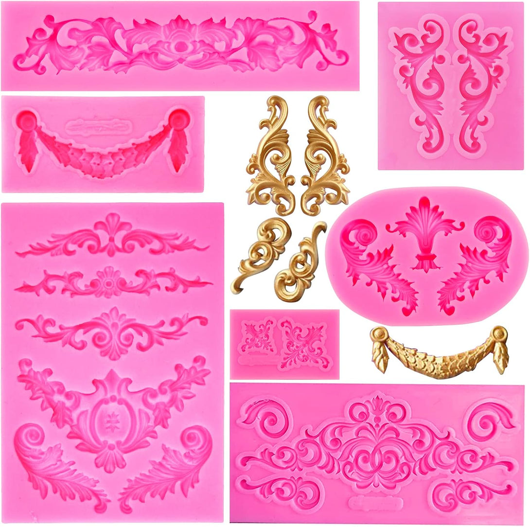 7Pcs Baroque Style Curlicues Scroll Lace Silicone Fondant Molds, Relief Flower Mould Filigree Mold 3D Sculpted for Candy Gummy Decoration Cupcake Topper Jewelry Polymer Clay Crafting Projects