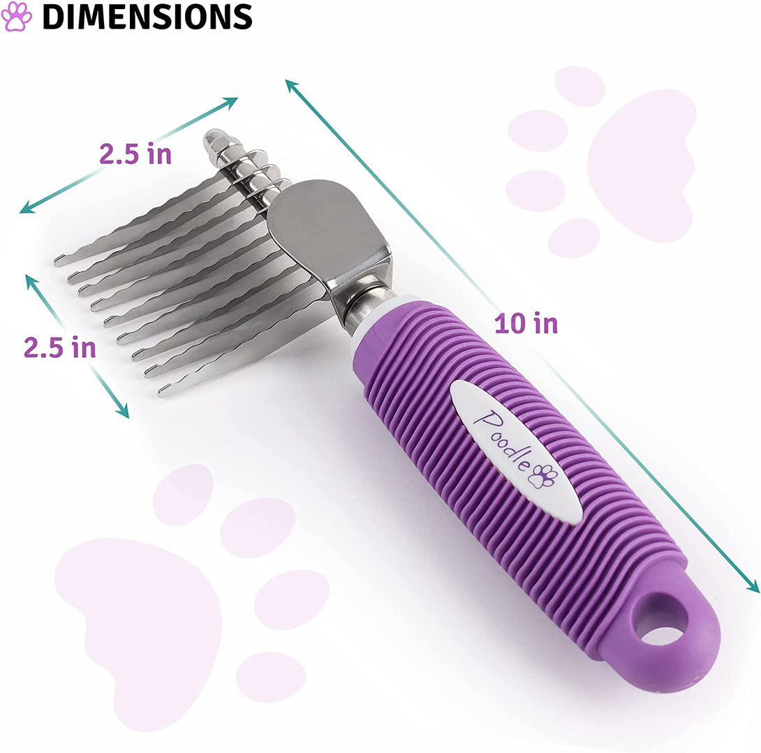 Poodle Dematting Fur Rake Comb Brush for Dogs and Cats - Long 2.5" Steel Safety Blades Metal Comb for Detangling Matted or Knotted Undercoat Hair