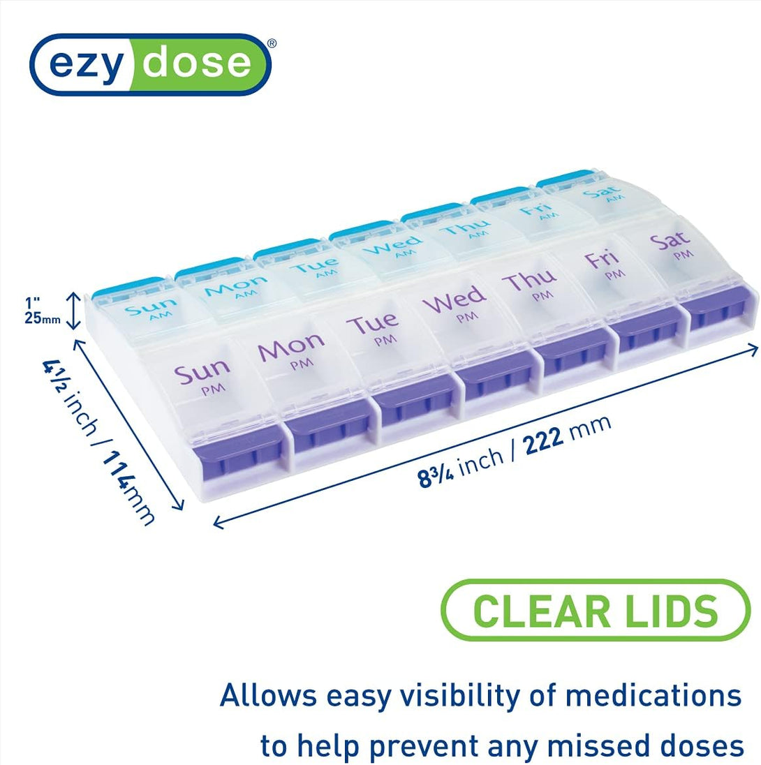 EZY DOSE Push Button (7-Day) Pill Case, Medicine Planner, Vitamin Organizer, 2 Times a Day AM/PM, X-Large Compartments, Arthritis Friendly, Clear Lids, Purple and Blue, BPA Free