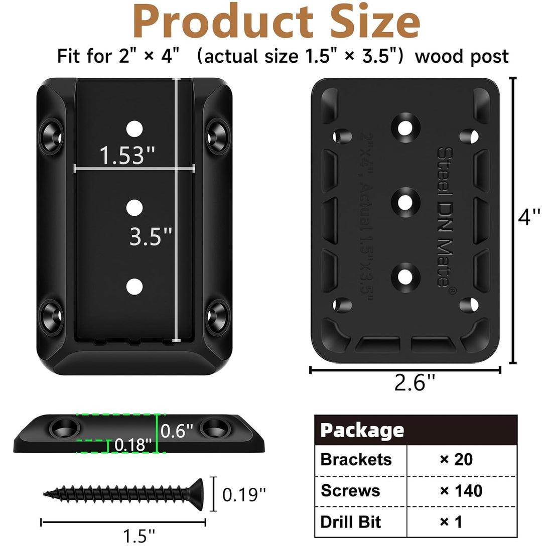 Steel DN Mate 20 PCS Deck Railing Bracket Connectors for 2X4 (Actual 1.5”X3.5”) Wood Post to Handrail Connection, Sturdy Nylon Stair Fence Railing Connectors with Coated Wood Screws,Drill Bit