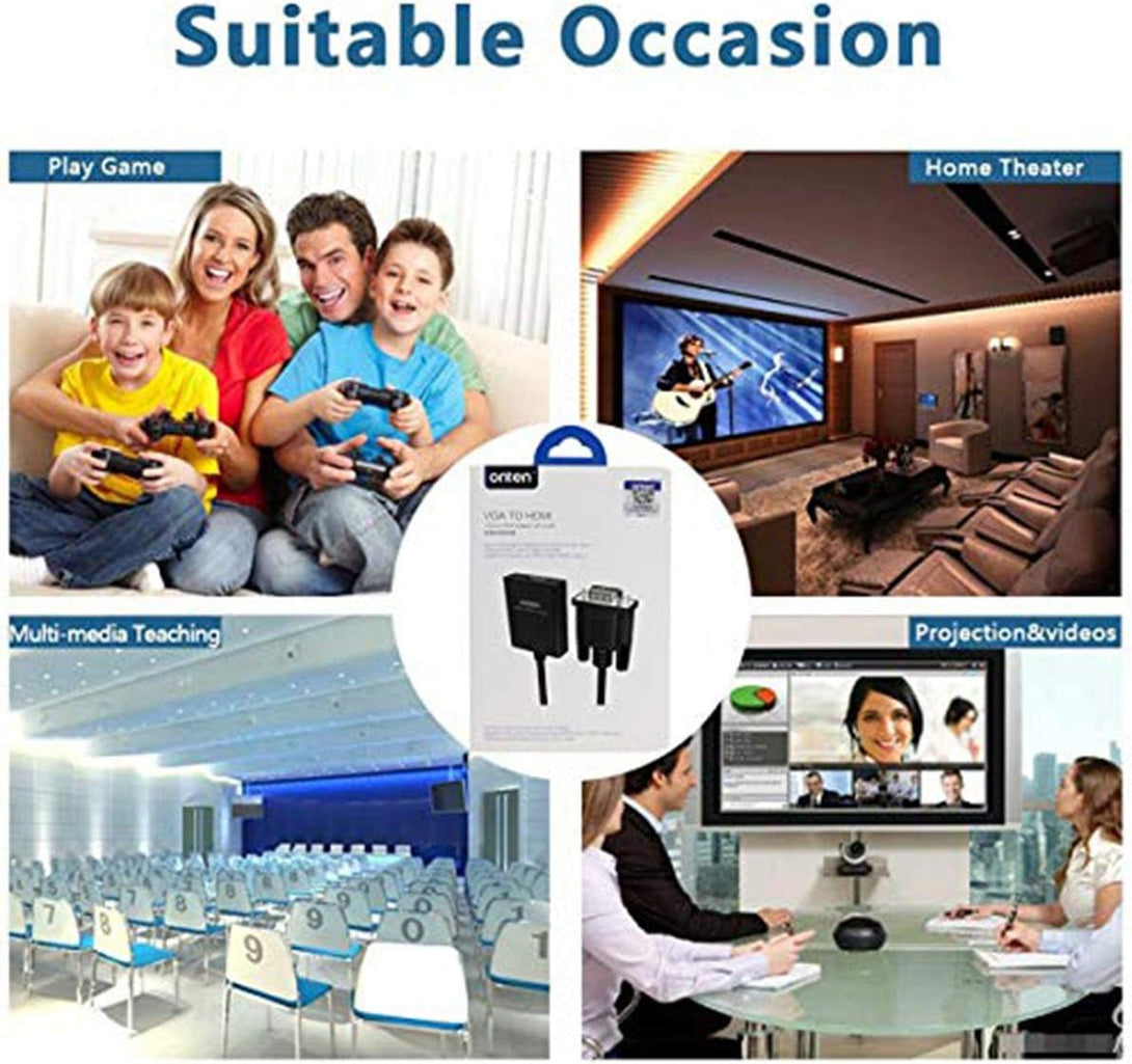 ONTEN VGA to HDMI, 1080P VGA to HDMI Adapter (Male to Female) for Computer, Desktop, Laptop, PC, Monitor, Projector, HDTV with Audio Cable and USB Cable (Black)