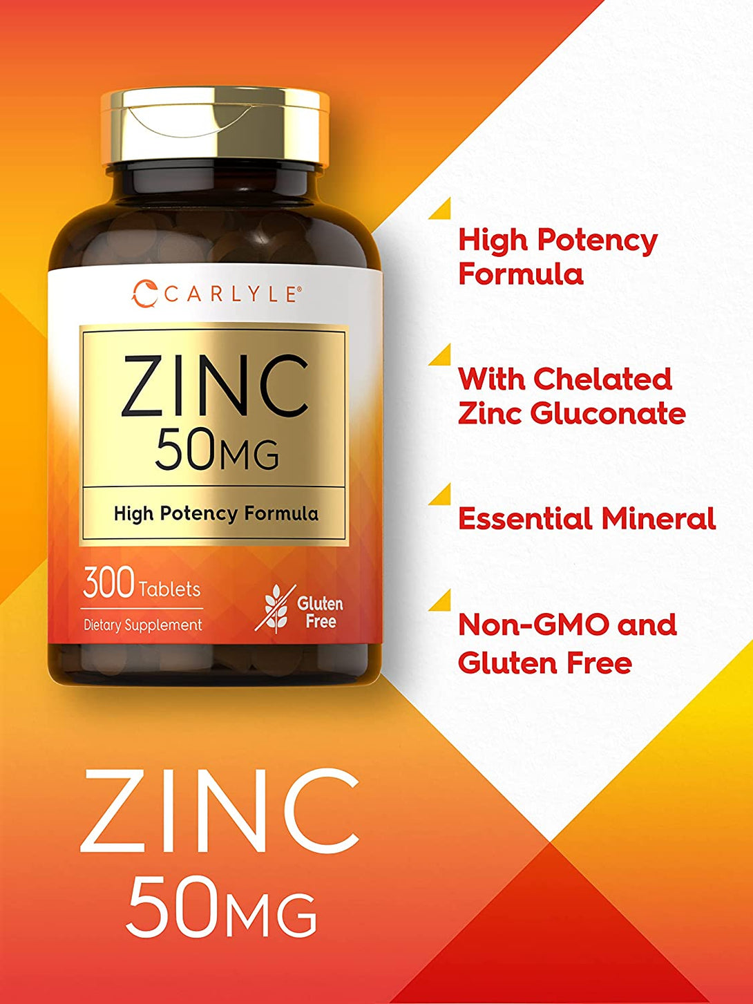 Carlyle Zinc 50Mg | 300 Tablets | Vegetarian, Non-Gmo, and Gluten Free Supplement | Zinc Gluconate | High Potency Formula