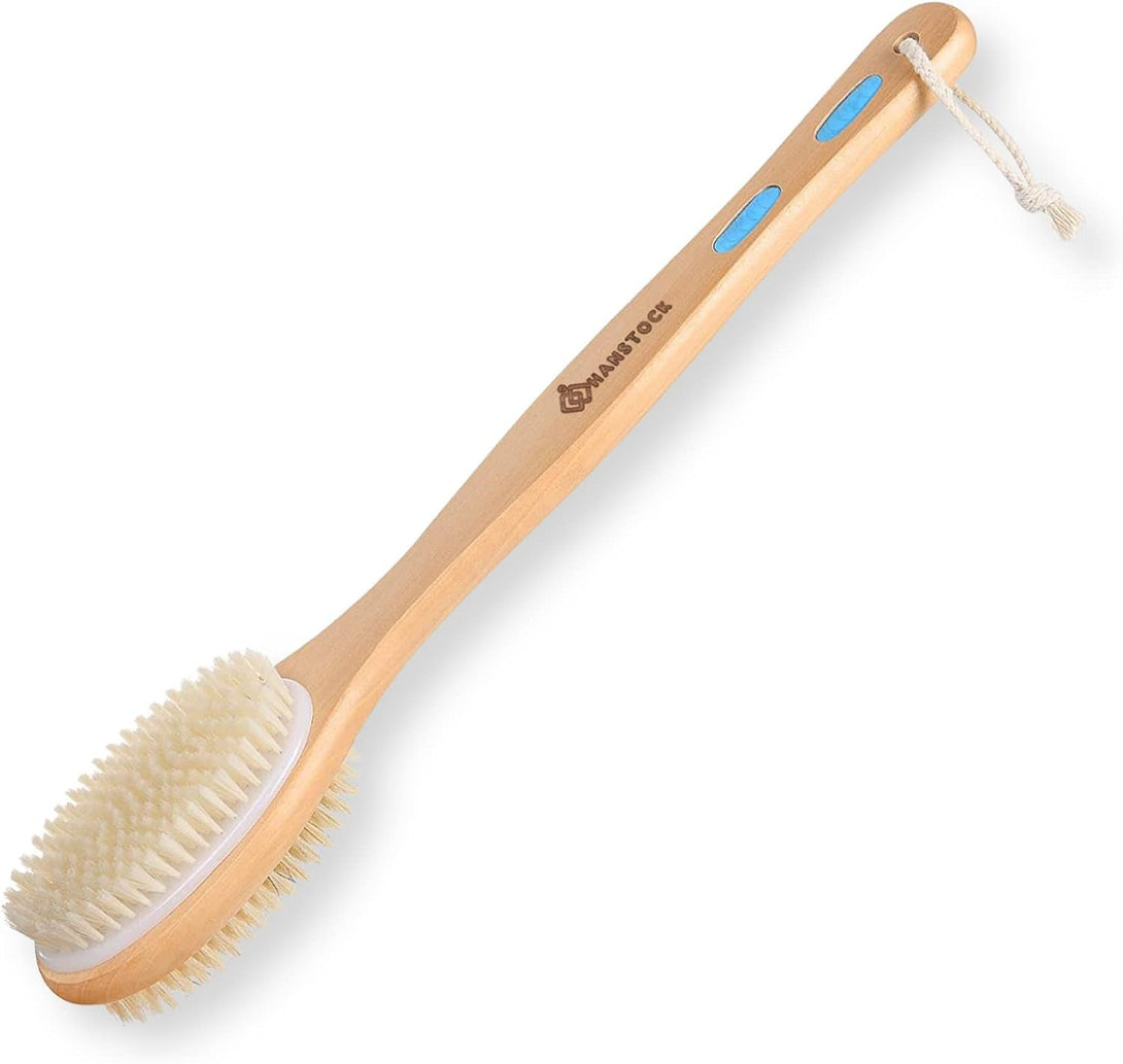 Back Scrubber, 43Cm Long Wooden Double-Sided Shower Body Brush with Soft and Stiff Bristles for Exfoliating Skin